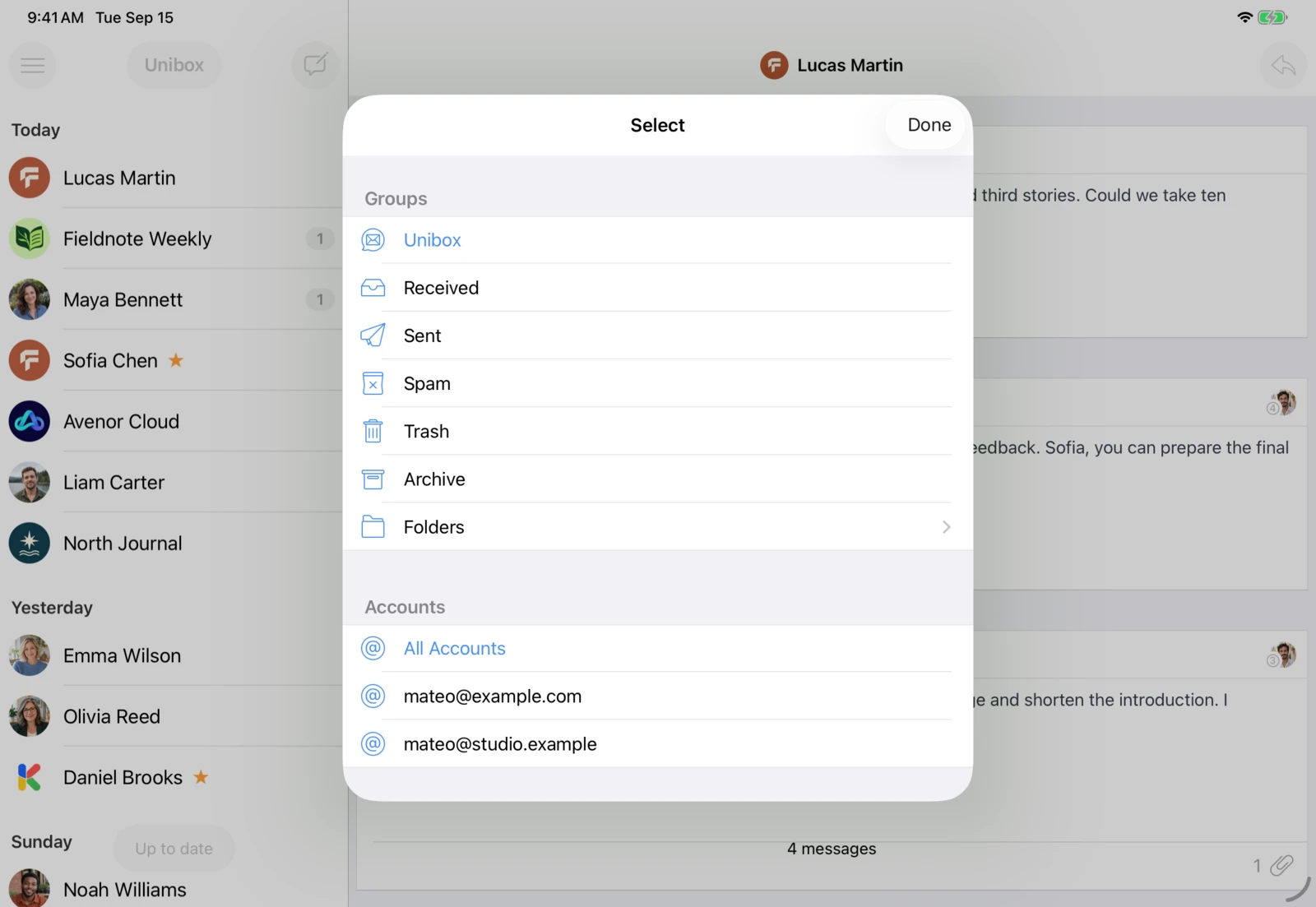 Unibox on iPad: Unibox brings emails from all your accounts into one overview.