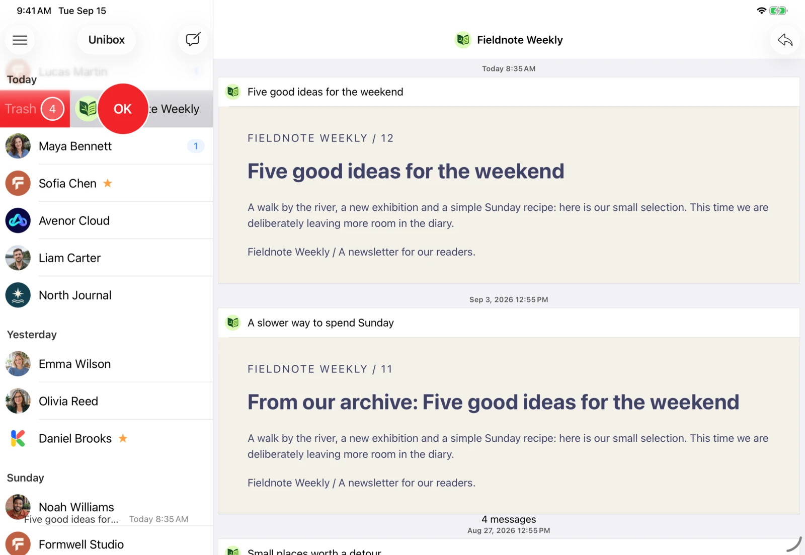 Unibox on iPad: Delete or move all emails from the same sender together.