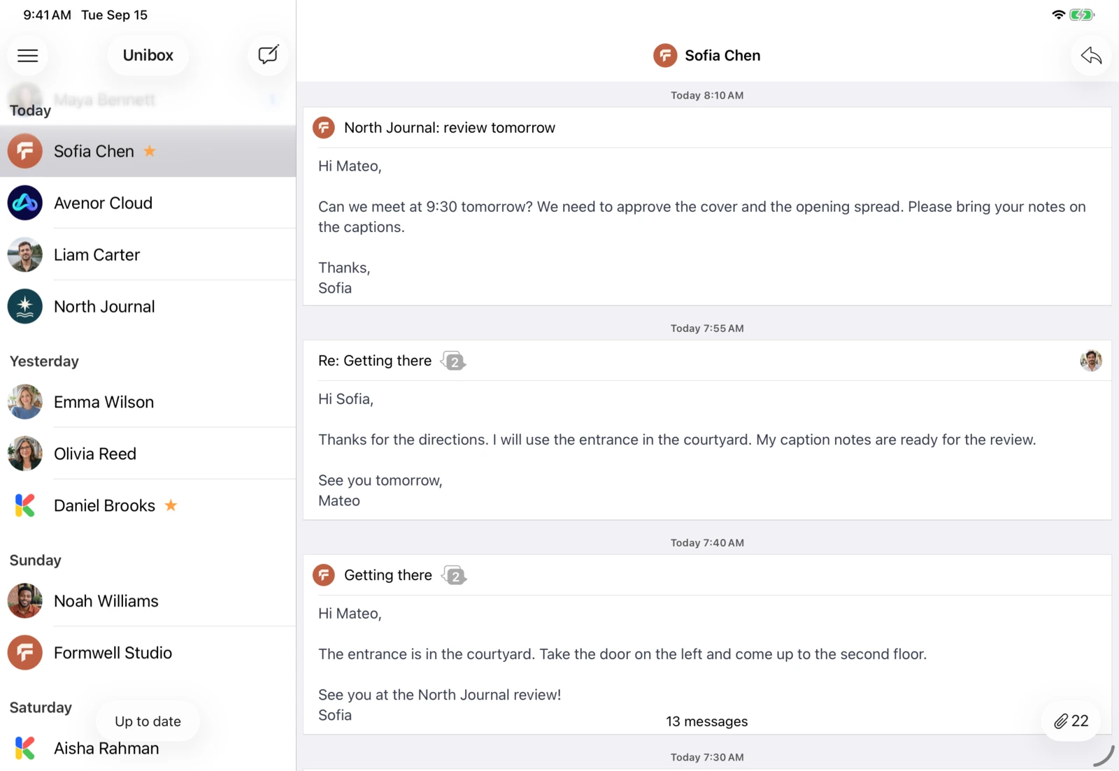 Unibox on iPad: See received and sent emails together under each contact.