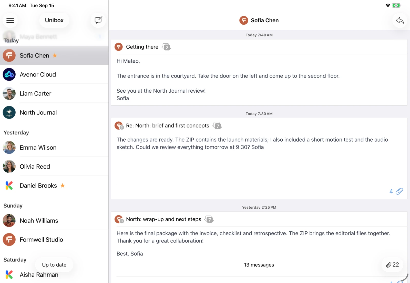 Unibox on iPad: Unibox groups your emails by sender.