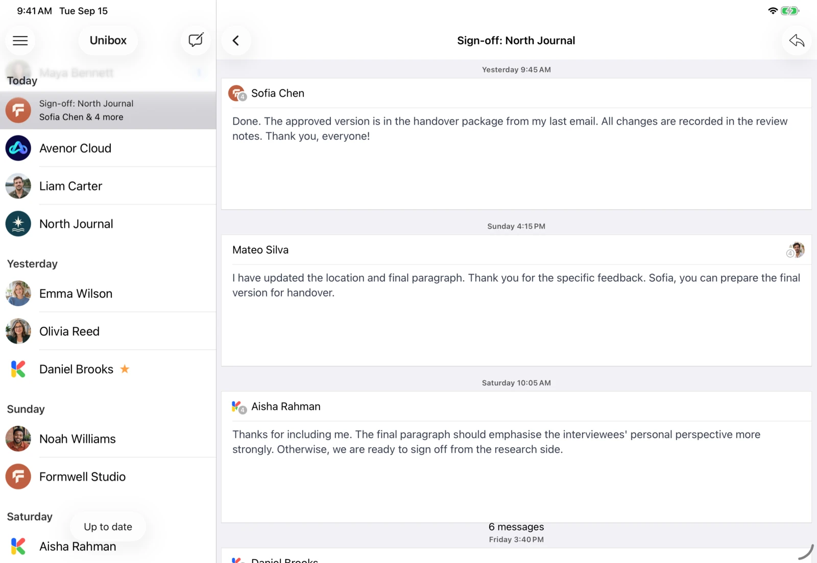 Unibox on iPad: Open a conversation with several participants from your email history.