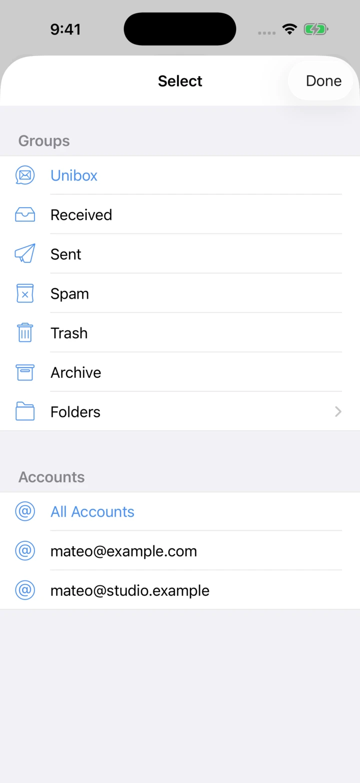 Unibox on iPhone: Unibox brings emails from all your accounts into one overview.