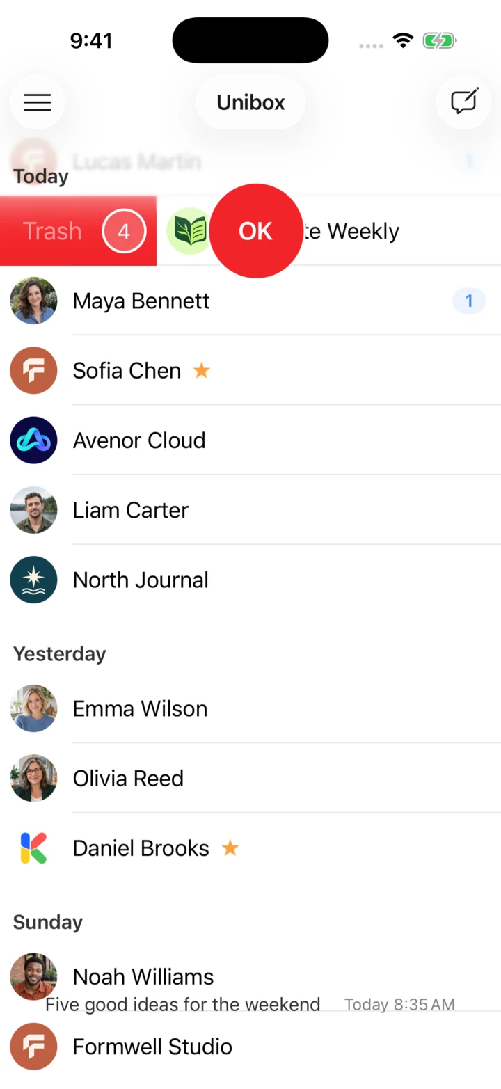 Unibox on iPhone: Delete or move all emails from the same sender together.