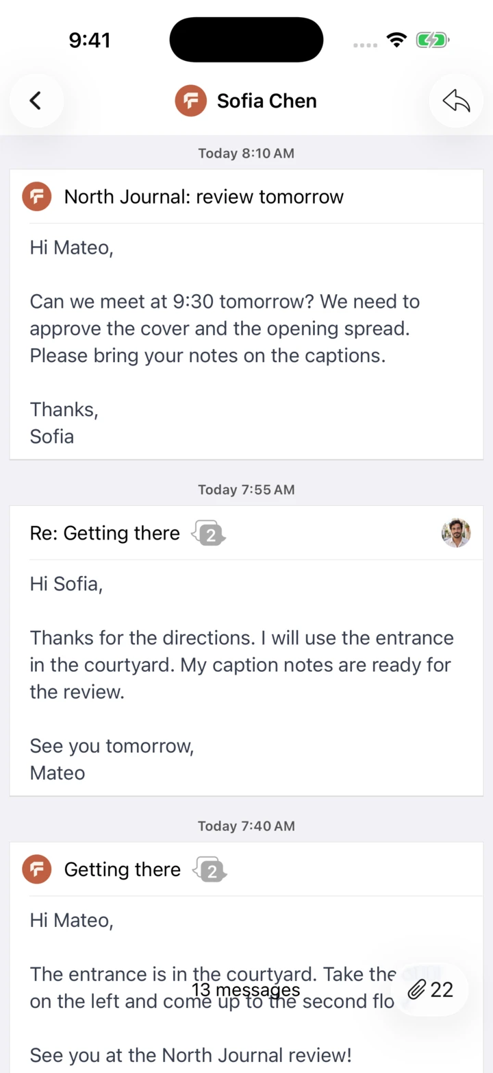 Unibox on iPhone: See received and sent emails together under each contact.