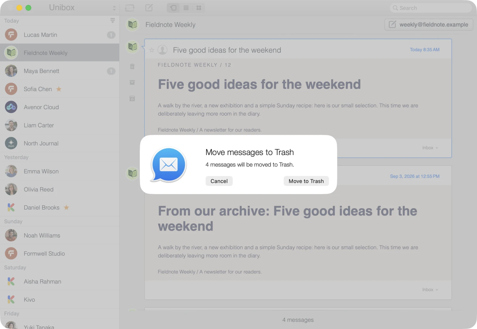 Unibox on Mac: Delete or move all emails from the same sender together.