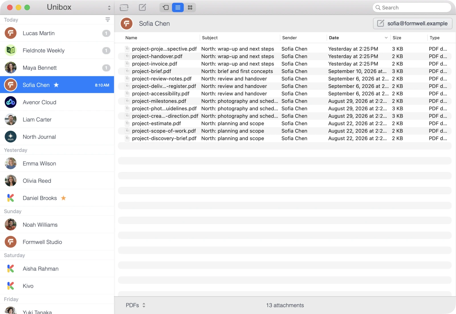 Unibox on Mac: Unibox shows you all attachments from a sender in one place.