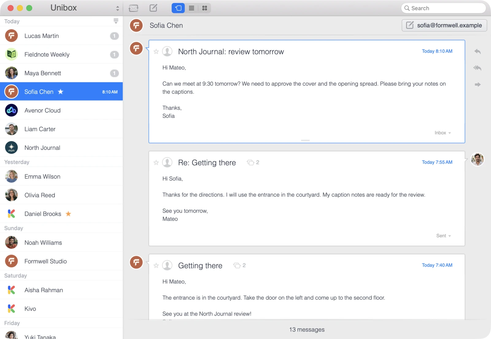 Unibox on Mac: See received and sent emails together under each contact.