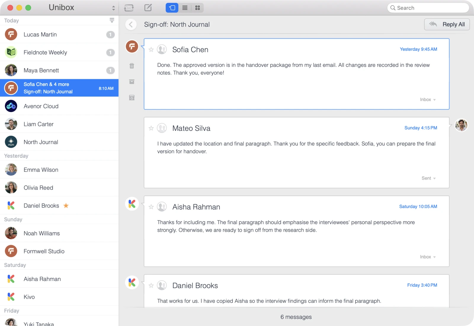 Unibox on Mac: Open a conversation with several participants from your email history.